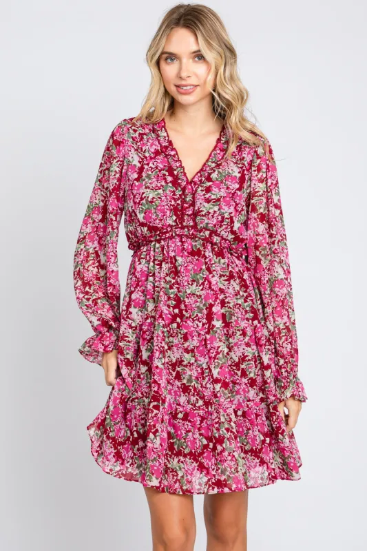 Burgundy Floral Ruffle Accent Dress sold by Pinkblush