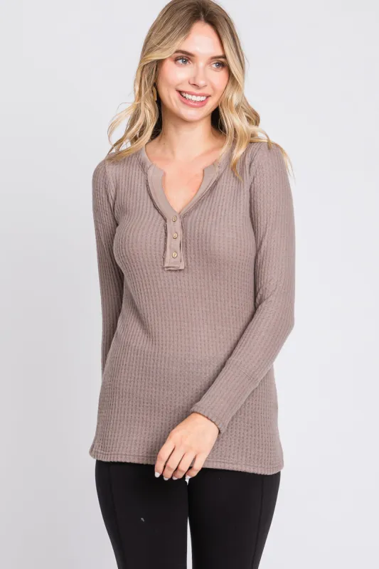 Mocha Soft Waffle Knit Button Accent Long Sleeve Top sold by Pinkblush