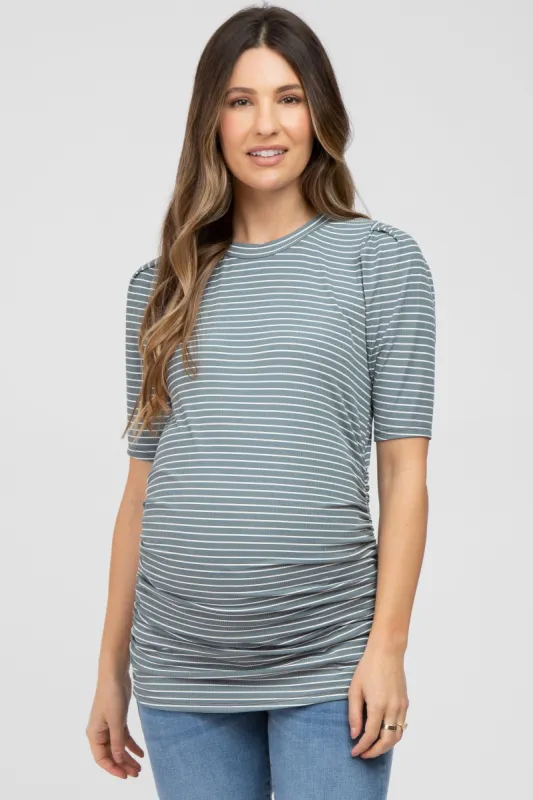 Olive Striped Puff Sleeve Maternity Fitted Top sold by Pinkblush