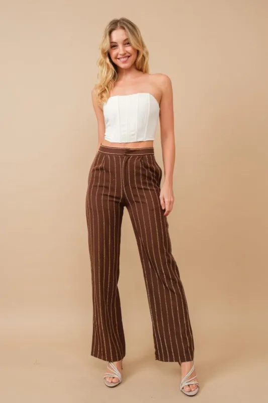 Brown Stripe Mid Rise Trouser Pants made by Pinkblush