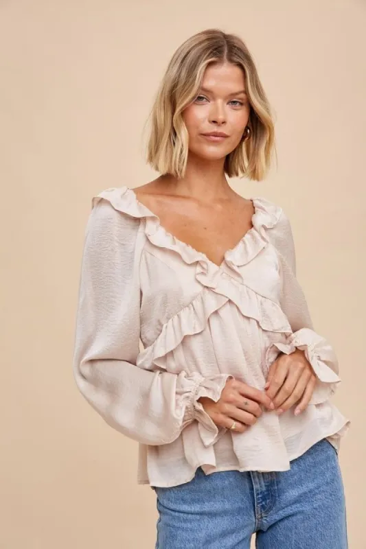 Almond Washed Satin Cross Ruffled Long Sleeve Blouse sold by Pinkblush