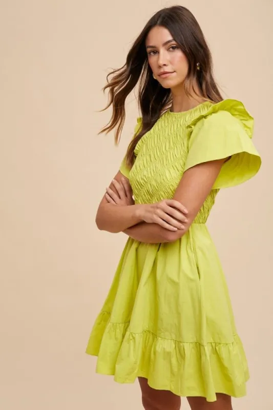 Lime Bias Smocking Detail Mini Dress sold by Pinkblush