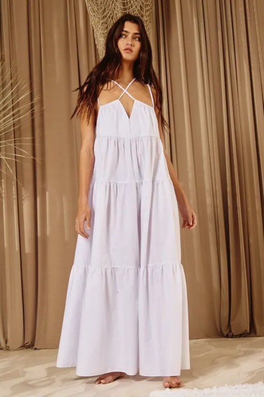 Off White Strappy Tiered Poplin Maxi Dress sold by Pinkblush