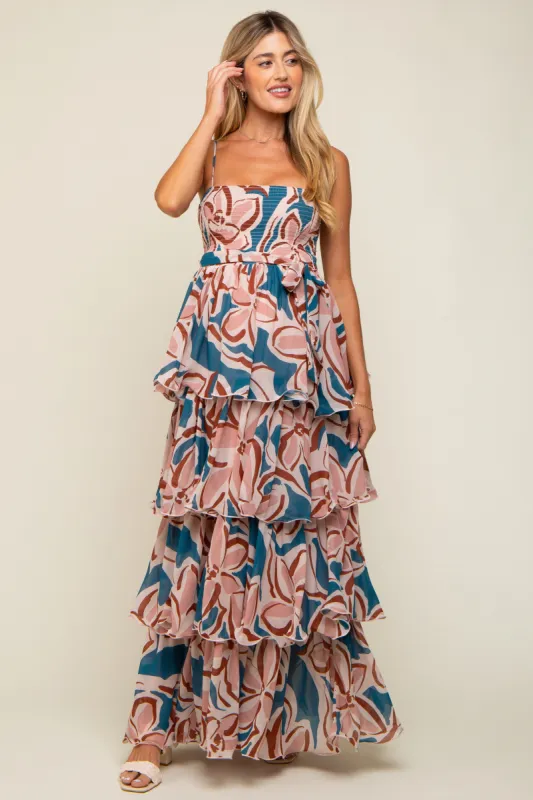 Teal Floral Flounce Tier Maternity Maxi Dress sold by Pinkblush
