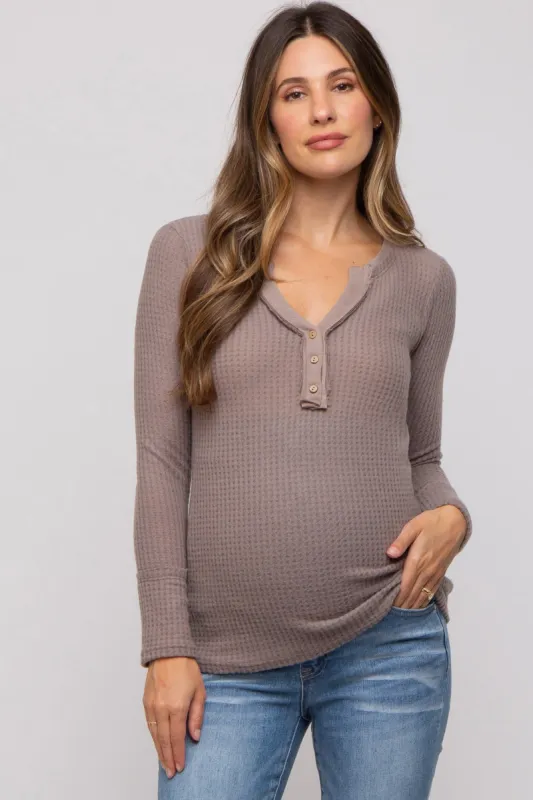 Mocha Soft Waffle Knit Button Accent Long Sleeve Maternity Top sold by Pinkblush