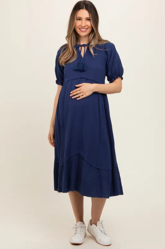 Navy Blue Tassel Tie Maternity Midi Dress sold by Pinkblush