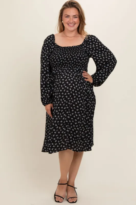 Black Floral Smocked Square Neck Plus Maternity Midi Dress sold by Pinkblush