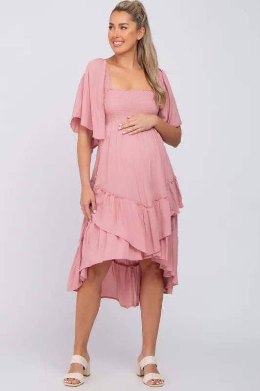 Mauve Smocked Asymmetric Tiered Maternity Midi Dress sold by Pinkblush
