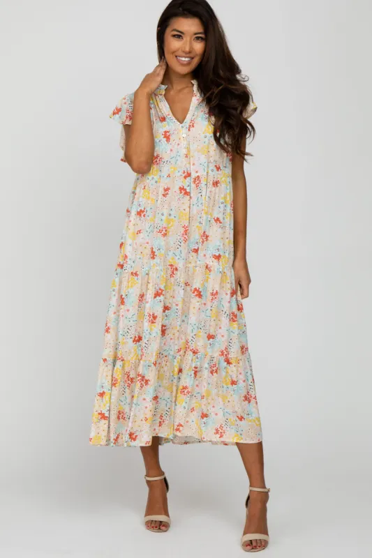 Beige Floral Ruffle Accent Midi Dress sold by Pinkblush