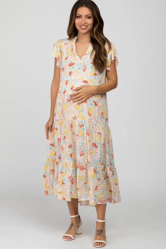 Beige Floral Ruffle Accent Maternity Midi Dress sold by Pinkblush