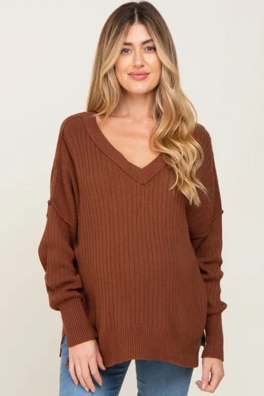 Brown V-Neck Oversized Maternity Sweater sold by Pinkblush