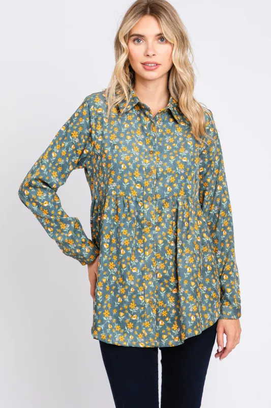 Teal Floral Corduroy Button Up Top sold by Pinkblush