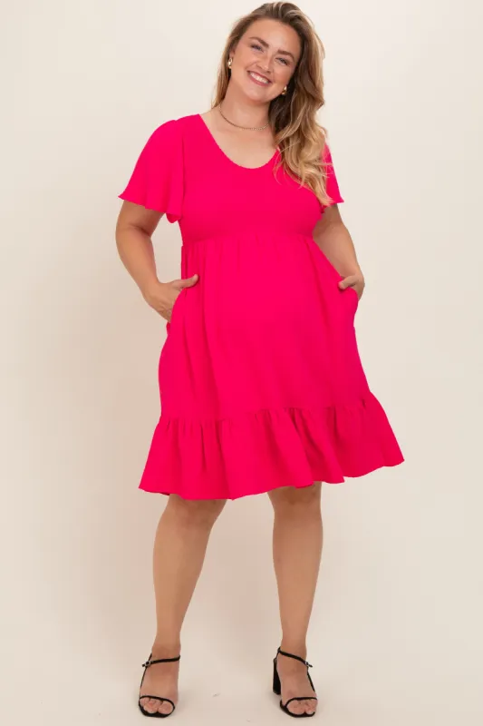Fuchsia Smocked Ruffle Hem Maternity Plus Dress sold by Pinkblush