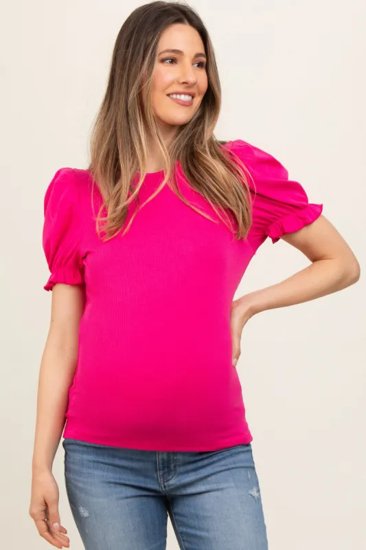 Fuchsia Ribbed Puff Sleeve Maternity Top sold by Pinkblush