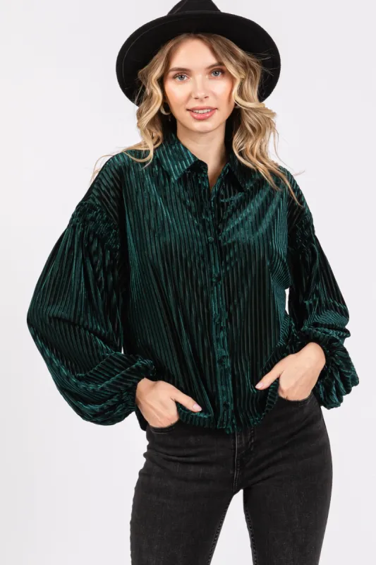 Forest Green Velvet Ribbed Collared Long Sleeve Blouse sold by Pinkblush