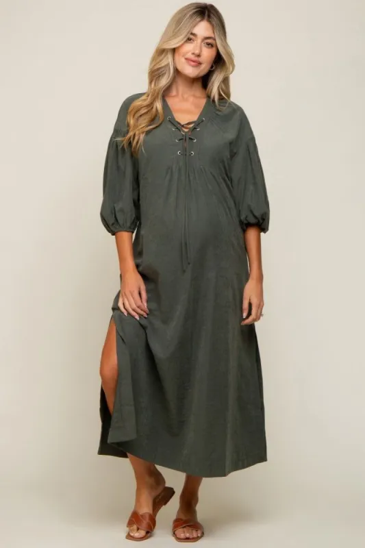 Forest Green Lace Up 3/4 Sleeve Side Slit Maternity Maxi Dress sold by Pinkblush