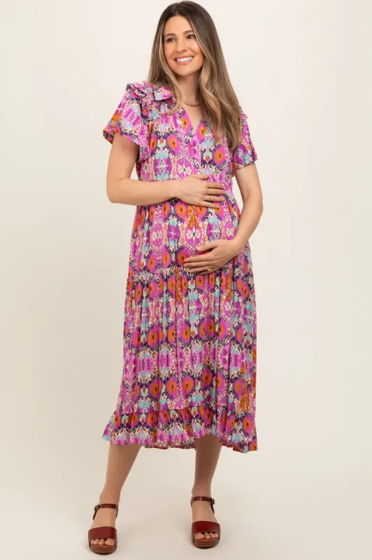 Magenta Print Ruffle Accent Maternity Midi Dress sold by Pinkblush