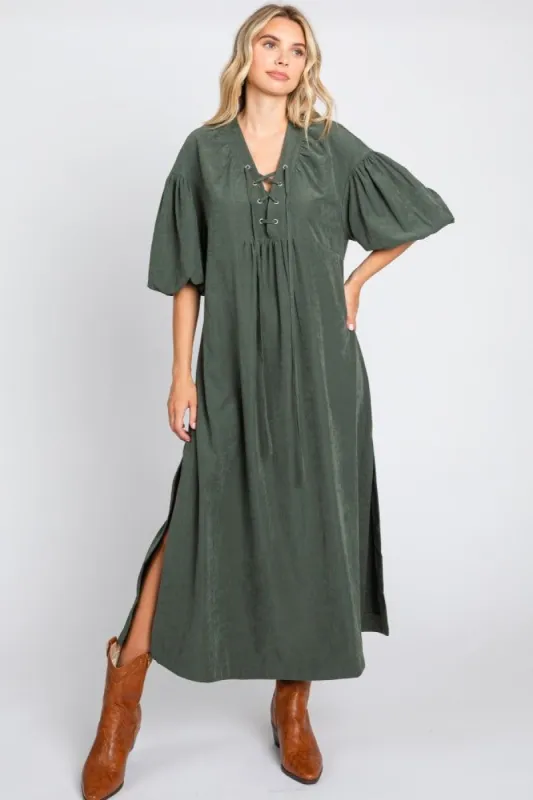 Forest Green Lace Up 3/4 Sleeve Side Slit Maxi Dress sold by Pinkblush