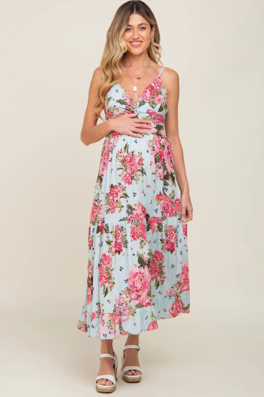 Light Blue Floral Front Twist Maternity Maxi Dress sold by Pinkblush