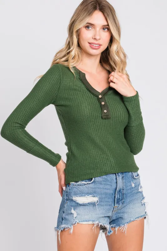 Olive Soft Waffle Knit Button Accent Long Sleeve Top sold by Pinkblush
