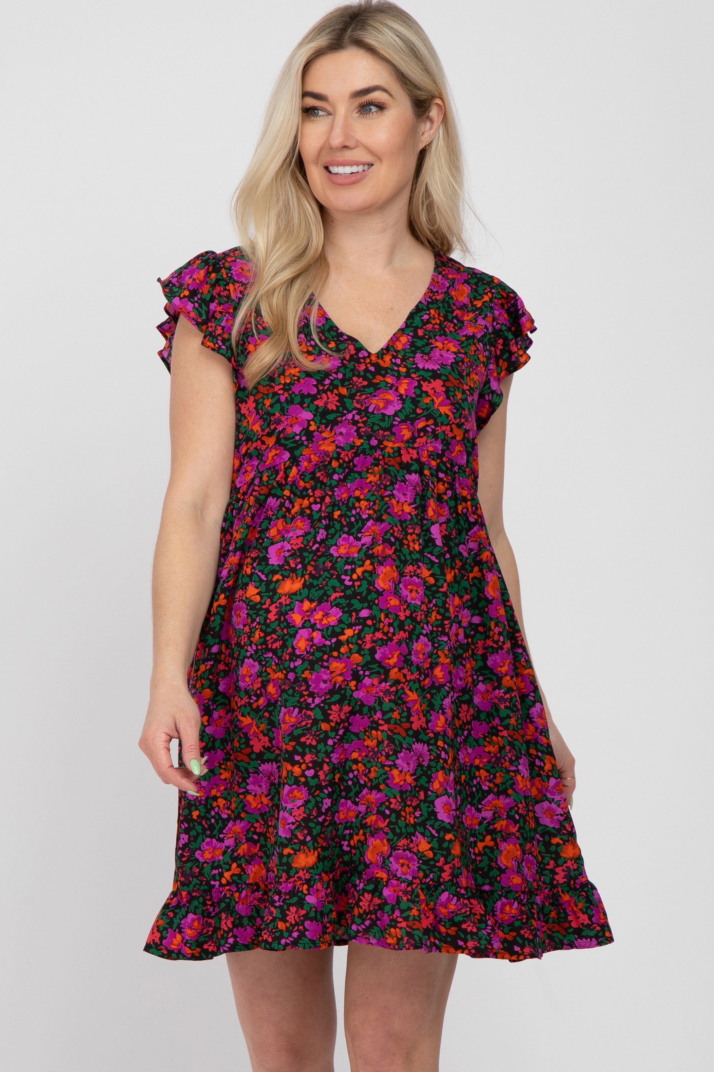 Black Multi-Color Floral Ruffle Accent Maternity Dress sold by Pinkblush