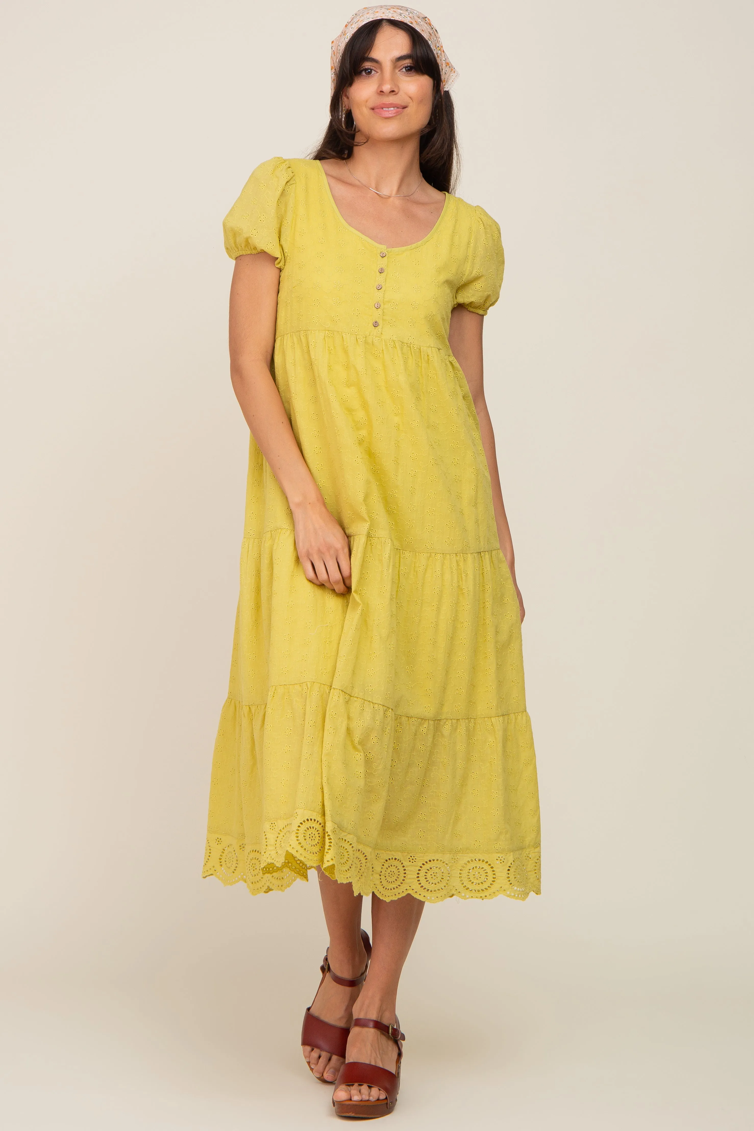 Lime Eyelet Button Front Tiered Scalloped Hem Midi Dress sold by Pinkblush product image thumbnail 5