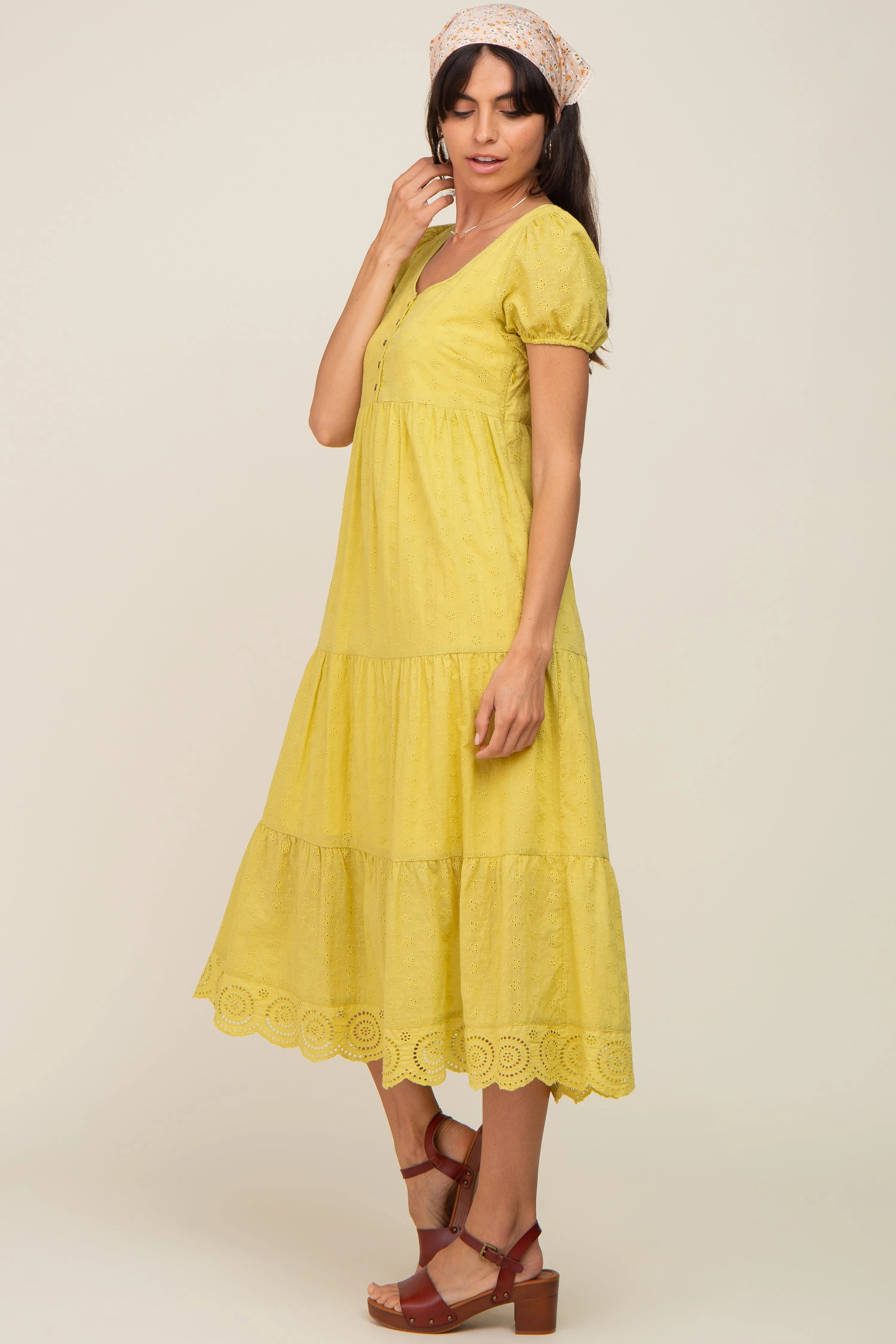 Lime Eyelet Button Front Tiered Scalloped Hem Midi Dress sold by Pinkblush product image thumbnail 2