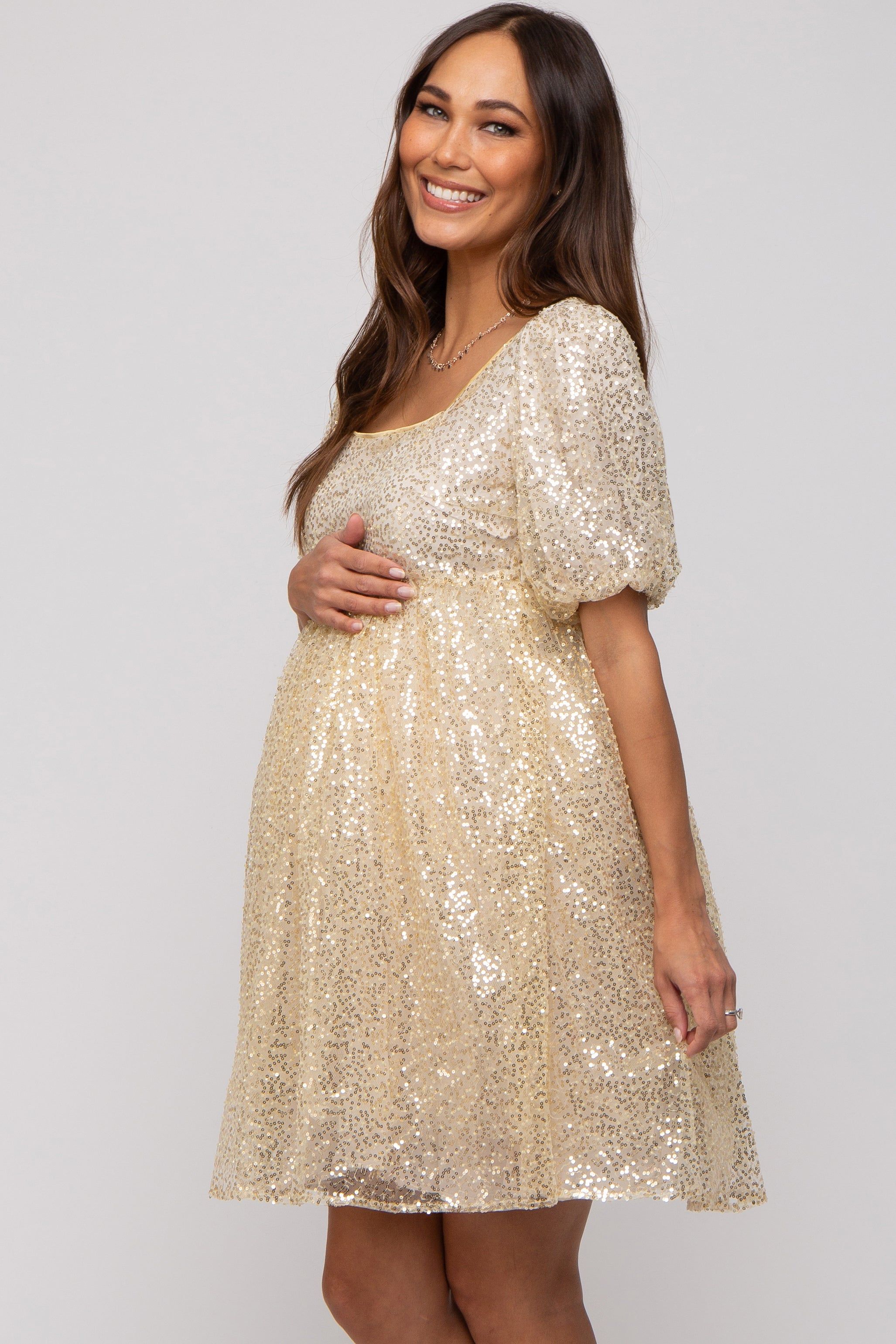 Gold Sequin Pearl Embellished Square Neck Babydoll Maternity Dress sold by Pinkblush product image thumbnail 3