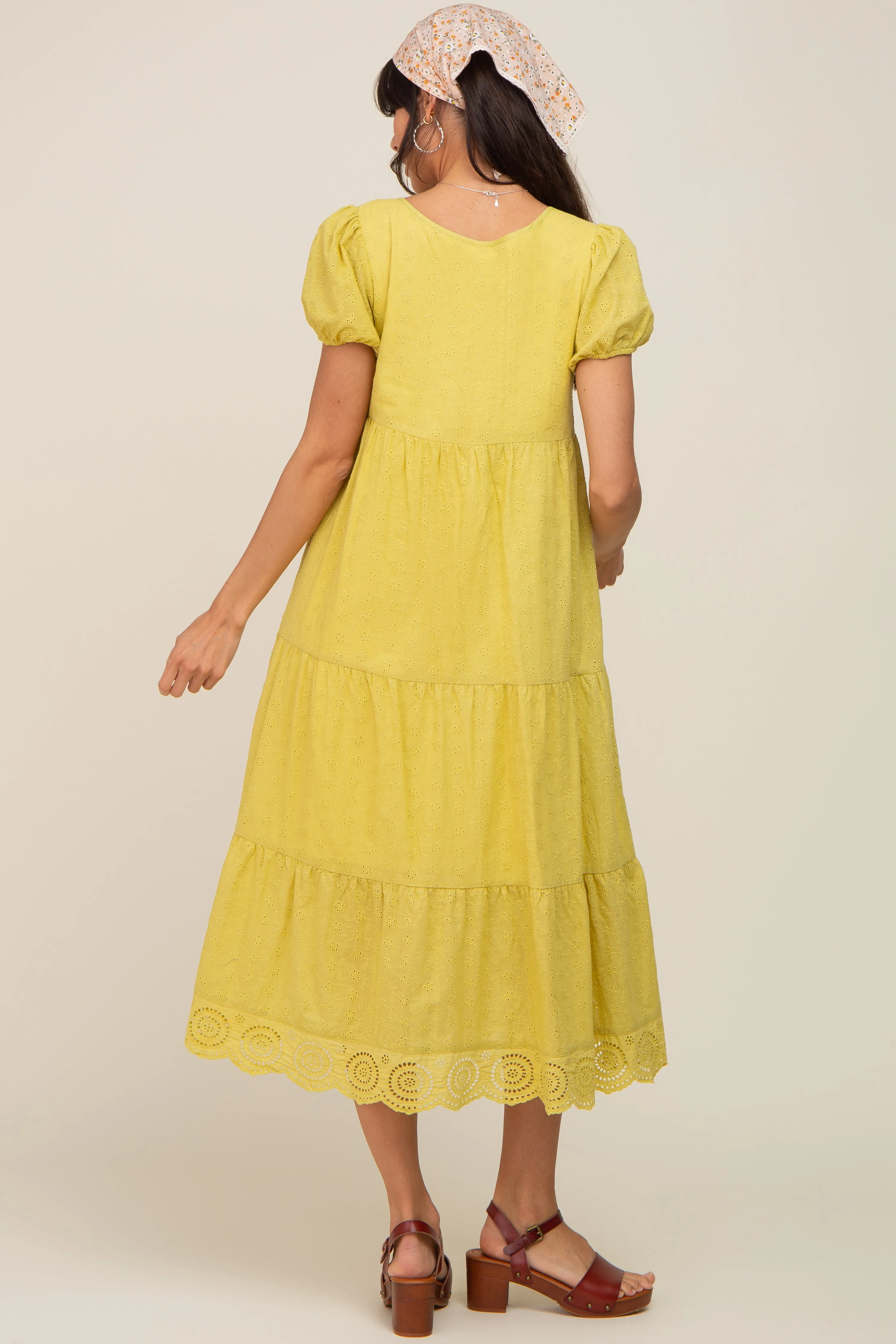 Lime Eyelet Button Front Tiered Scalloped Hem Midi Dress sold by Pinkblush product image thumbnail 3
