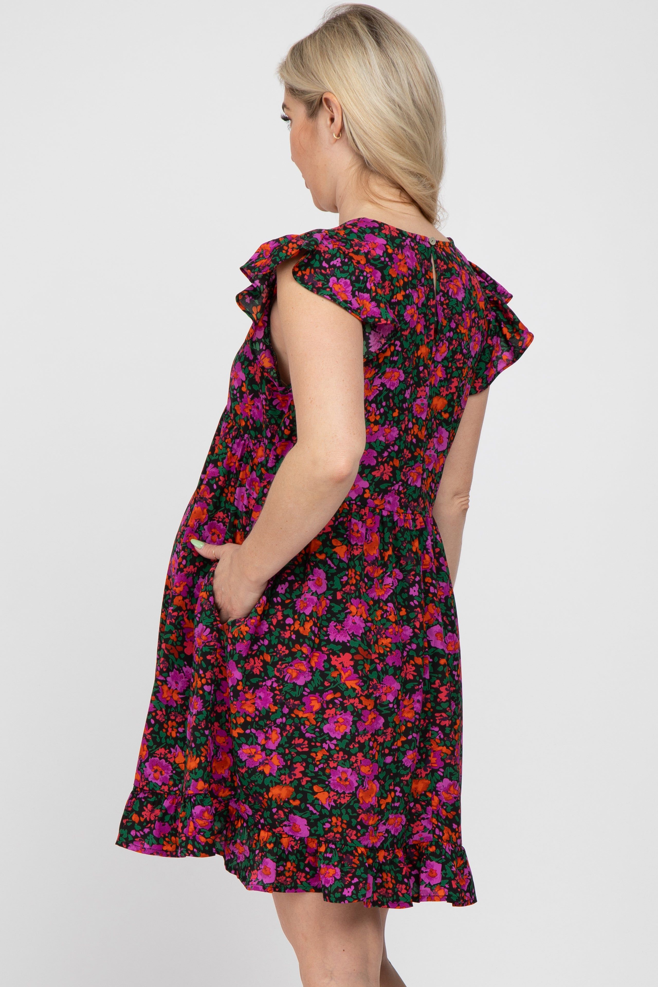 Black Multi-Color Floral Ruffle Accent Maternity Dress sold by Pinkblush product image thumbnail 3