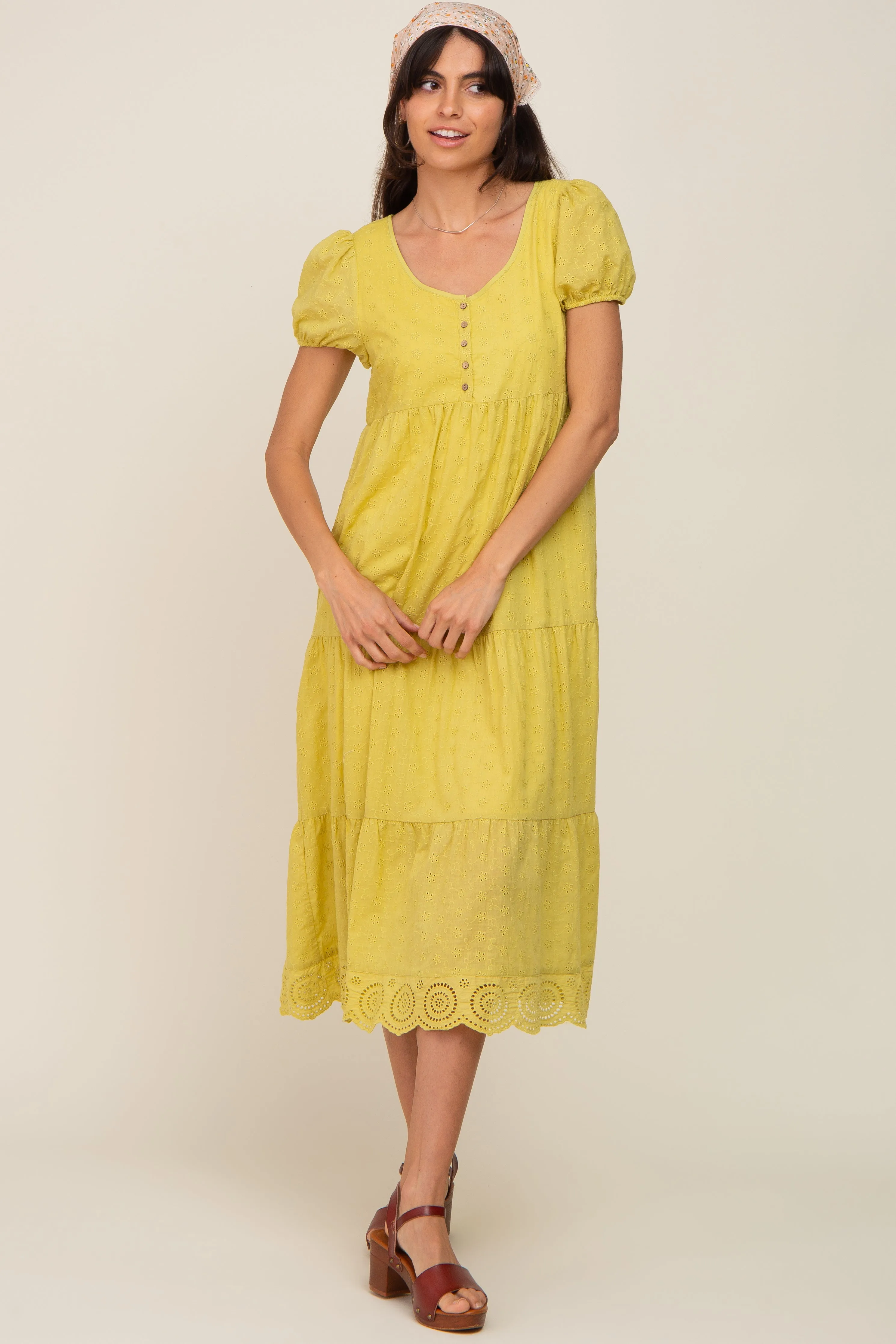 Lime Eyelet Button Front Tiered Scalloped Hem Midi Dress sold by Pinkblush product image thumbnail 4