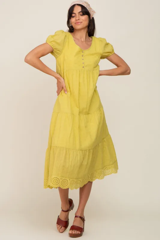 Lime Eyelet Button Front Tiered Scalloped Hem Midi Dress sold by Pinkblush