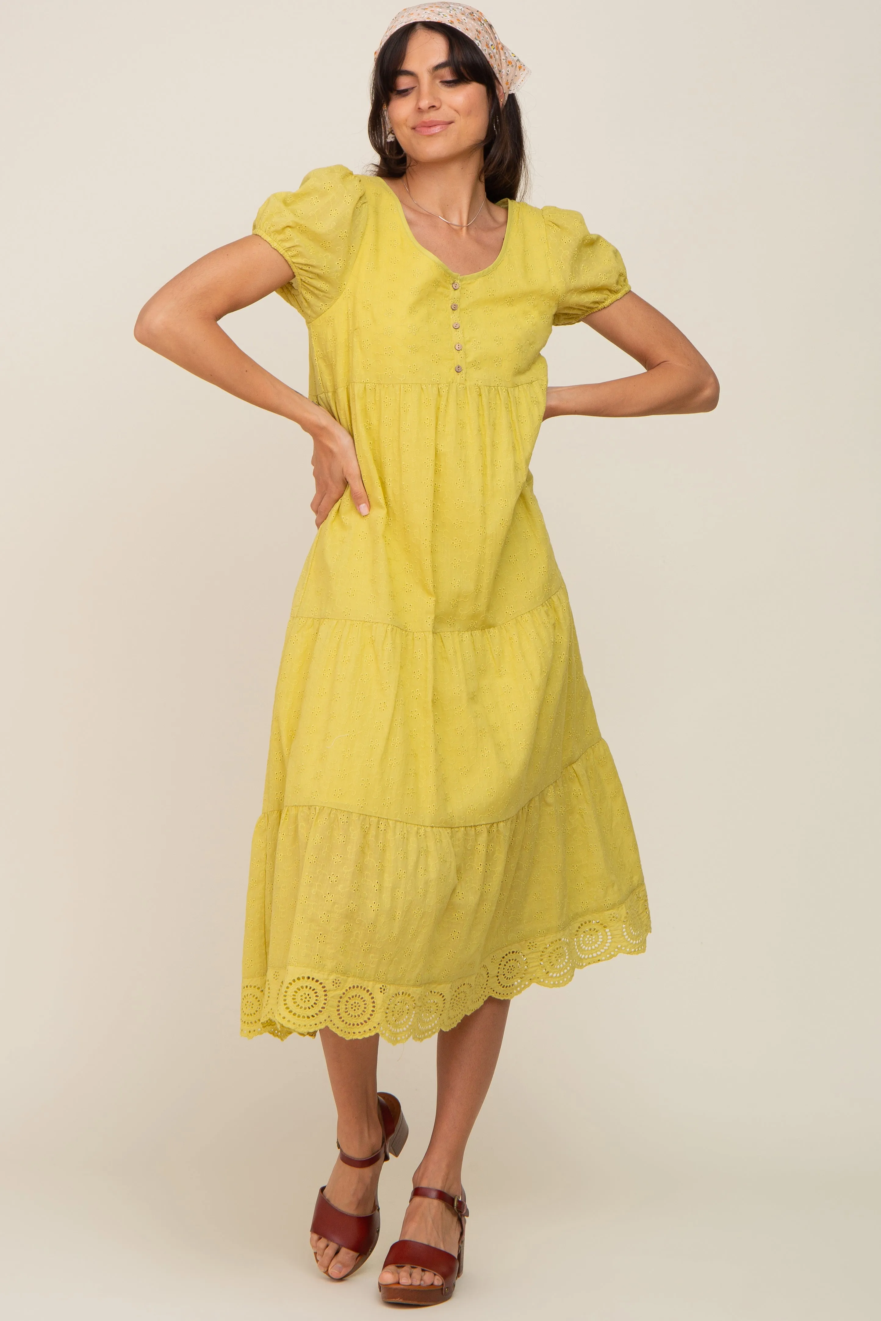 Lime Eyelet Button Front Tiered Scalloped Hem Midi Dress sold by Pinkblush