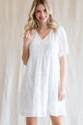 White Floral Jacquard Puff Sleeve Dress sold by Pinkblush