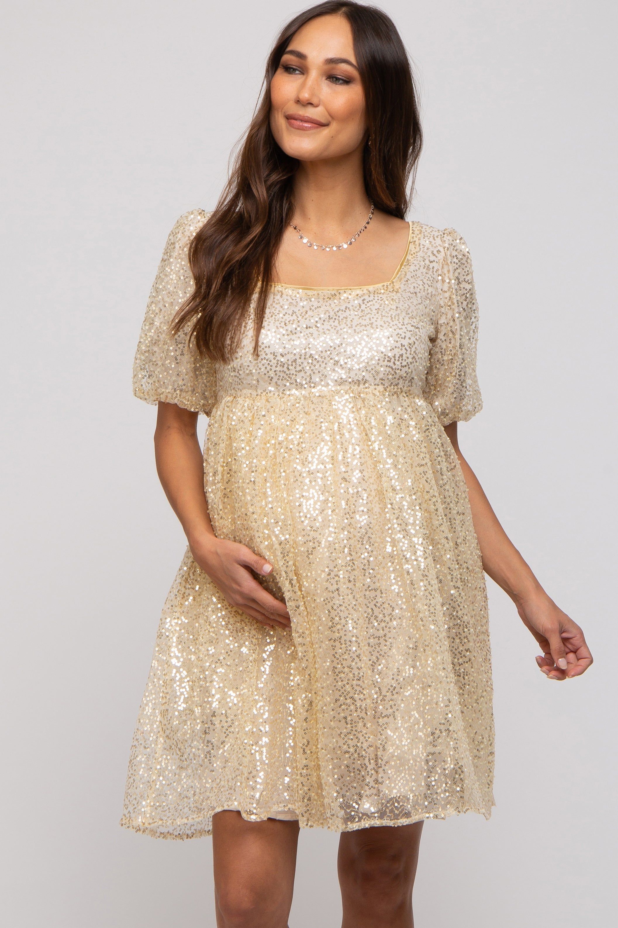 Gold Sequin Pearl Embellished Square Neck Babydoll Maternity Dress sold by Pinkblush product image thumbnail 2