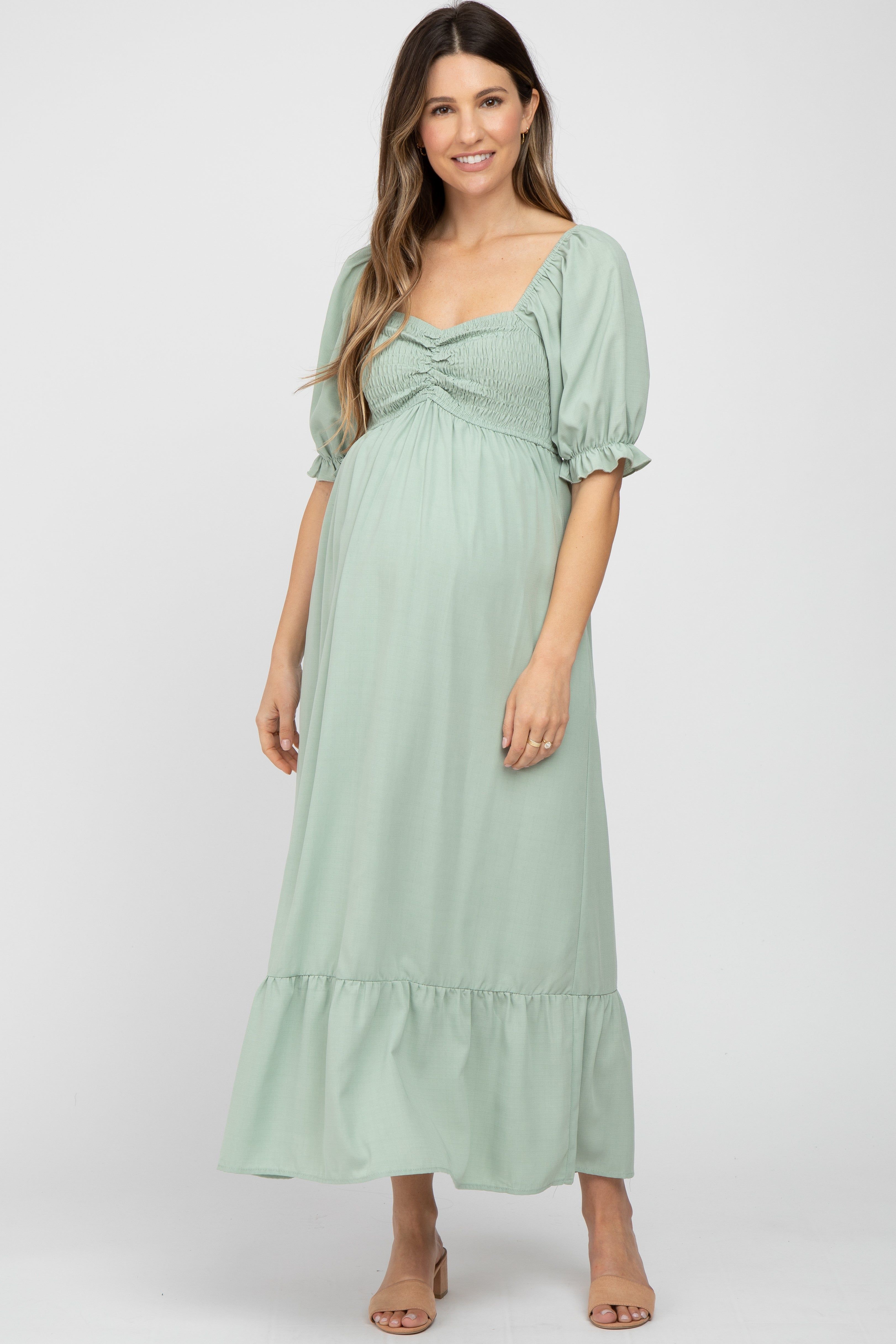 Mint Smocked Sweetheart Neck Maternity Maxi Dress sold by Pinkblush