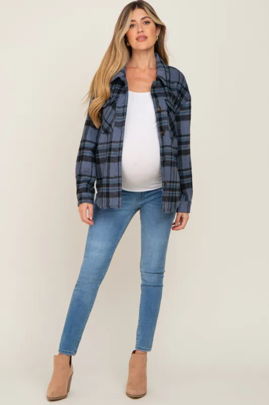 Blue Plaid Front Pocket Maternity Shacket sold by Pinkblush