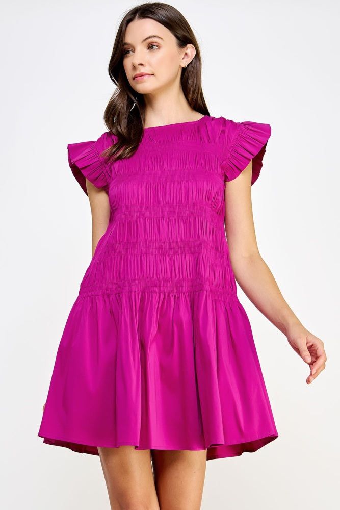 Plum Smocked Bodice Poplin Mini Dress sold by Pinkblush