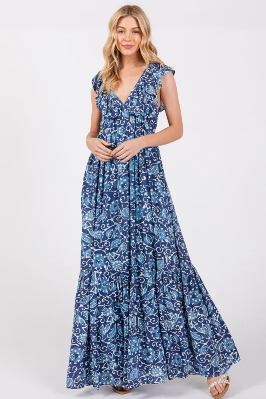 Blue Abstract Floral Ruffle Accent Maxi Dress made by Pinkblush