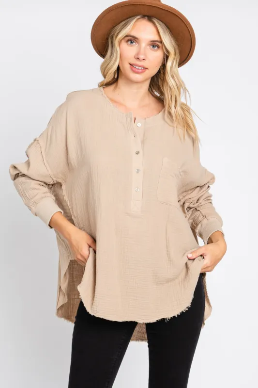 Beige Front Button Drop Shoulder Long Sleeve Top sold by Pinkblush
