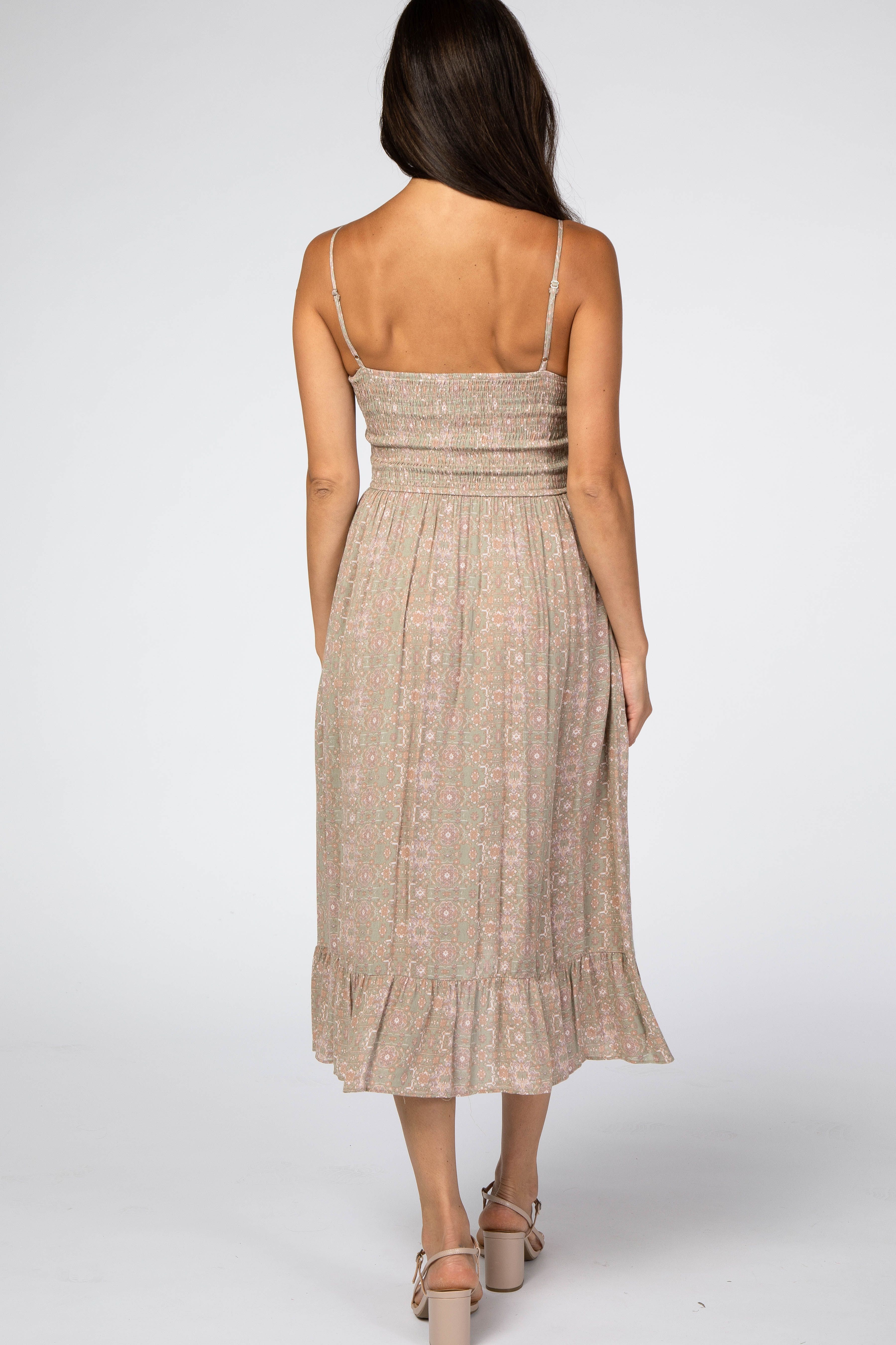 Olive Floral Smocked Ruffle Hem Wrap Midi Dress sold by Pinkblush product image thumbnail 3