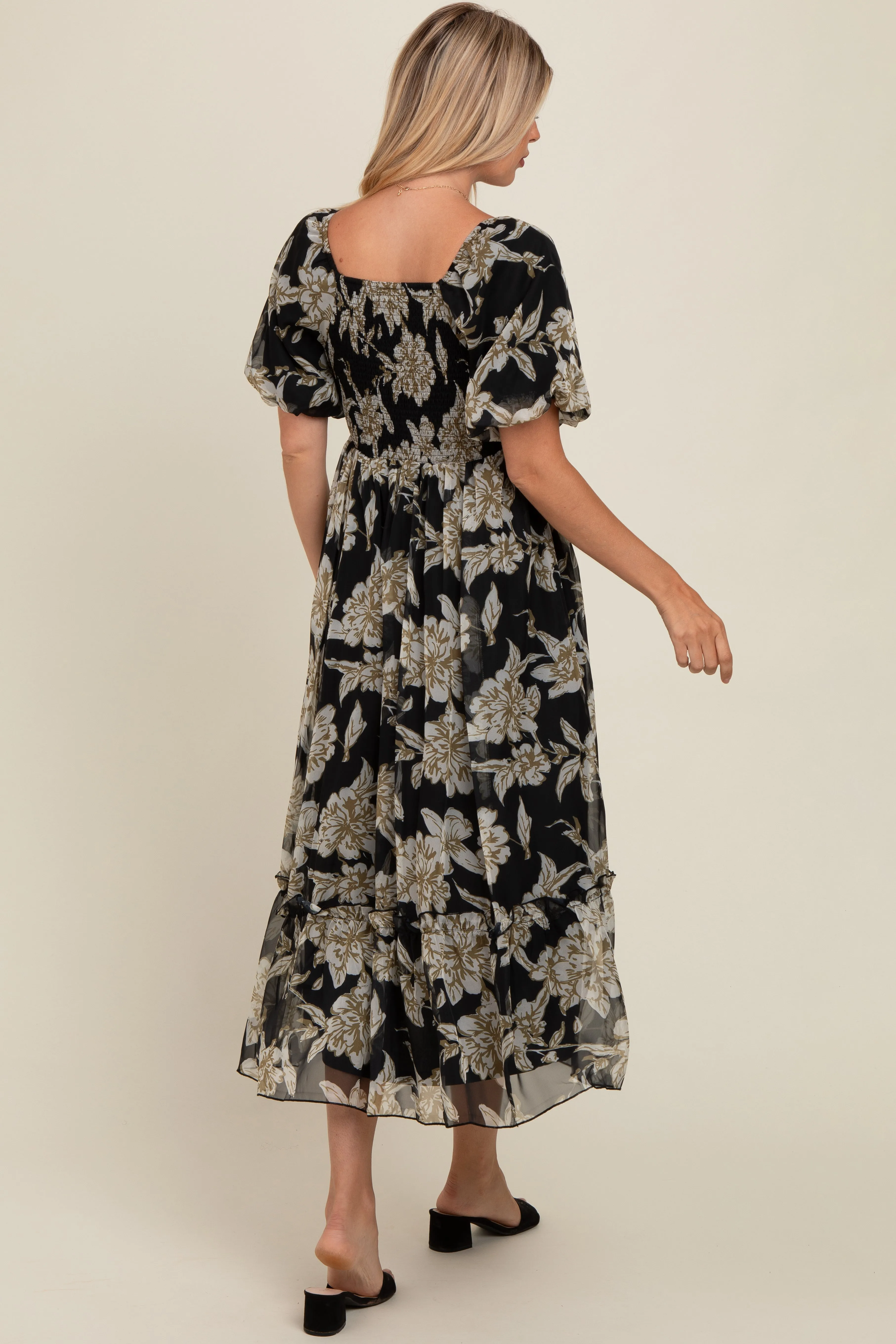Black Floral Chiffon Ruffle Hem Midi Dress sold by Pinkblush product image thumbnail 4