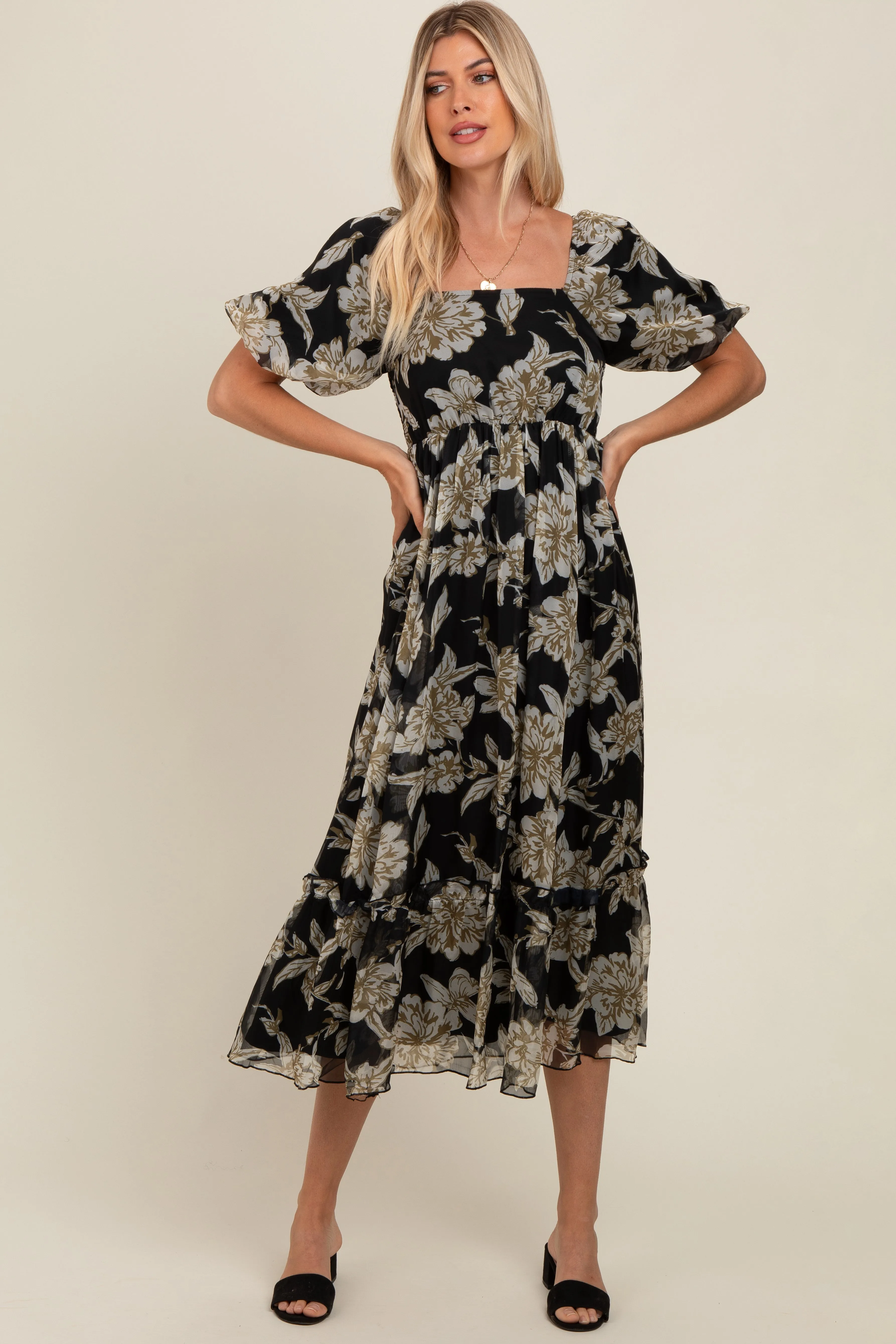 Black Floral Chiffon Ruffle Hem Midi Dress sold by Pinkblush