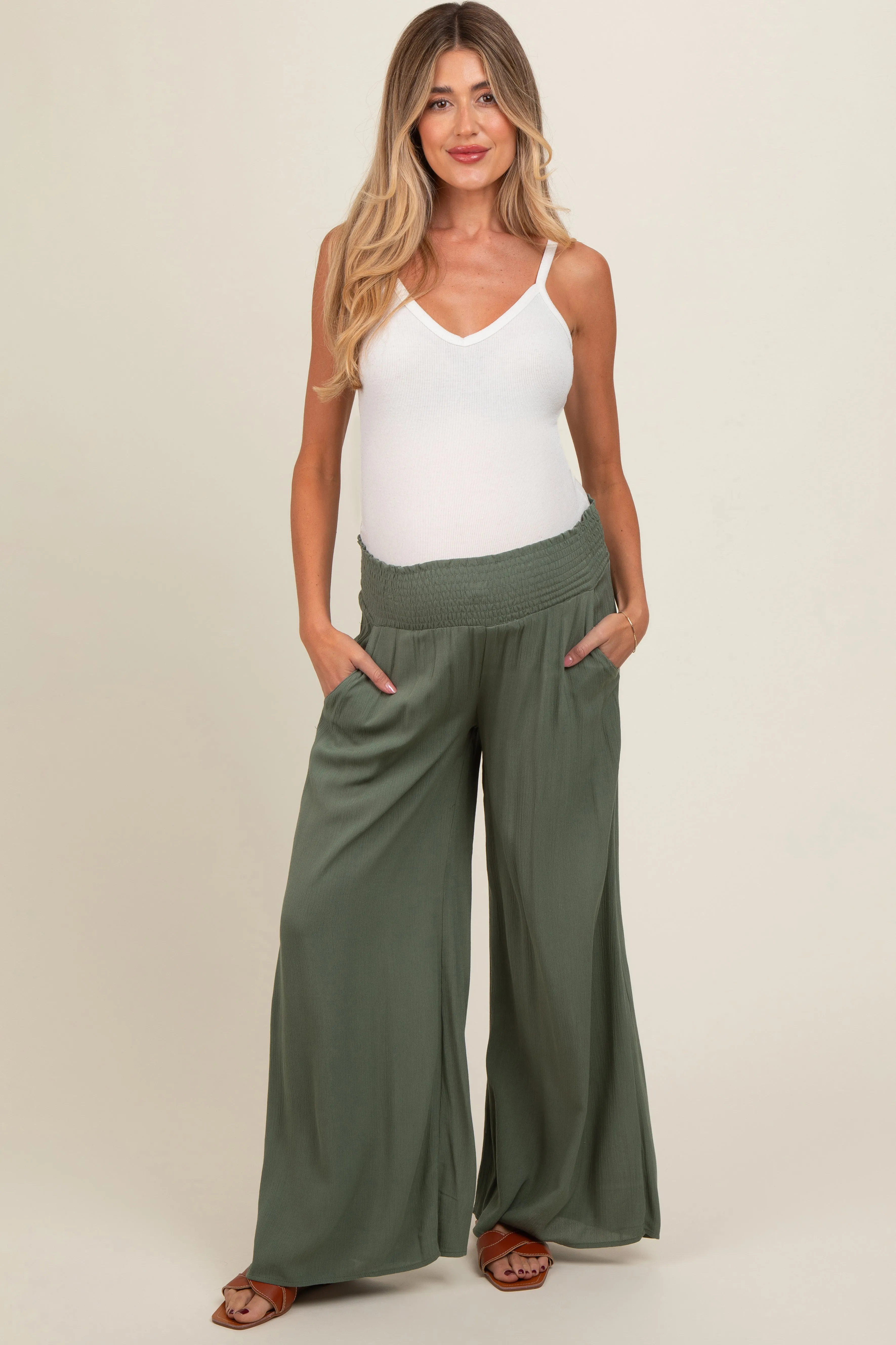 Olive Wide Smock Waist Maternity Pants sold by Pinkblush