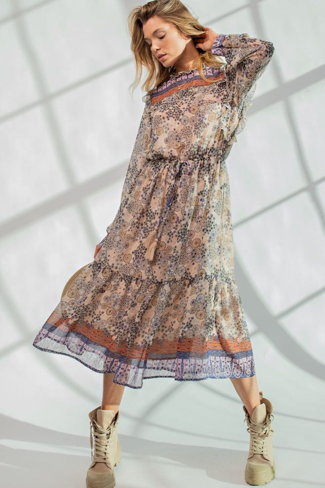 Coral Blue Printed Chiffon Midi Dress sold by Pinkblush