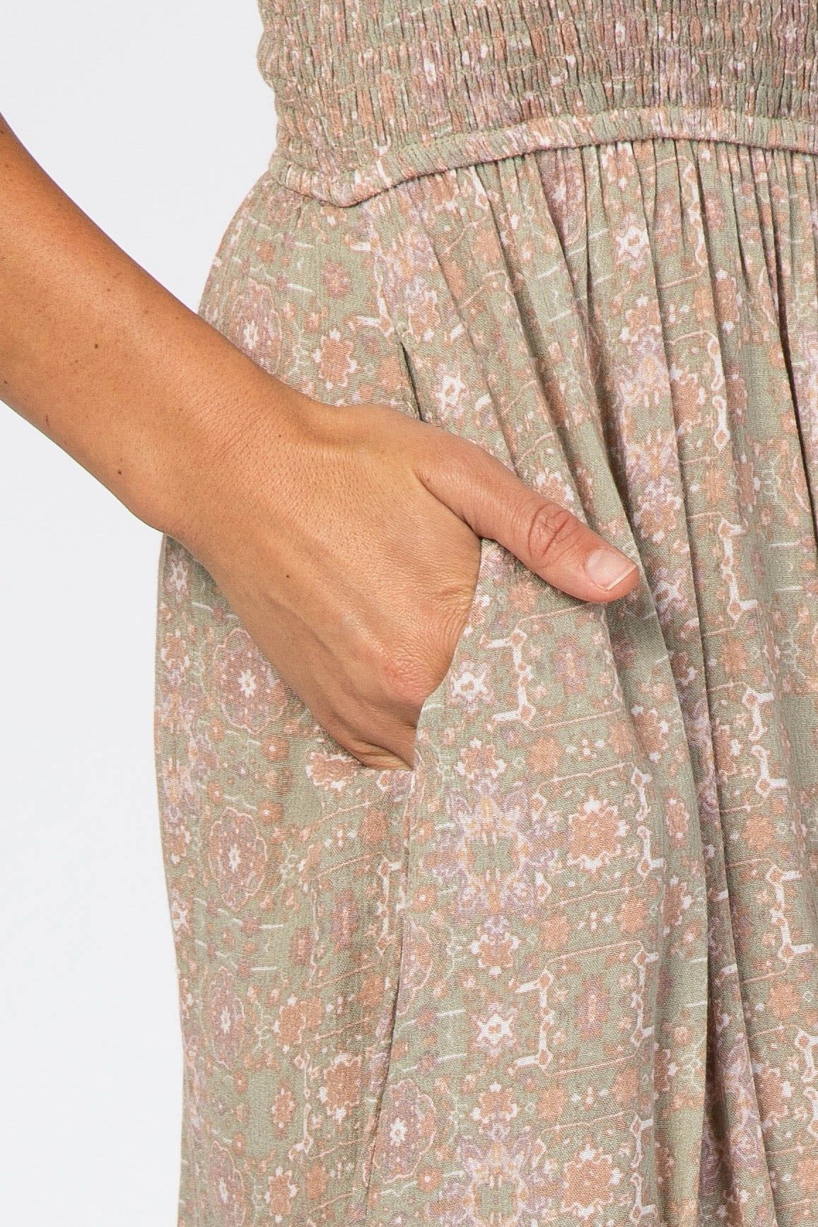 Olive Floral Smocked Ruffle Hem Wrap Midi Dress sold by Pinkblush product image thumbnail 4