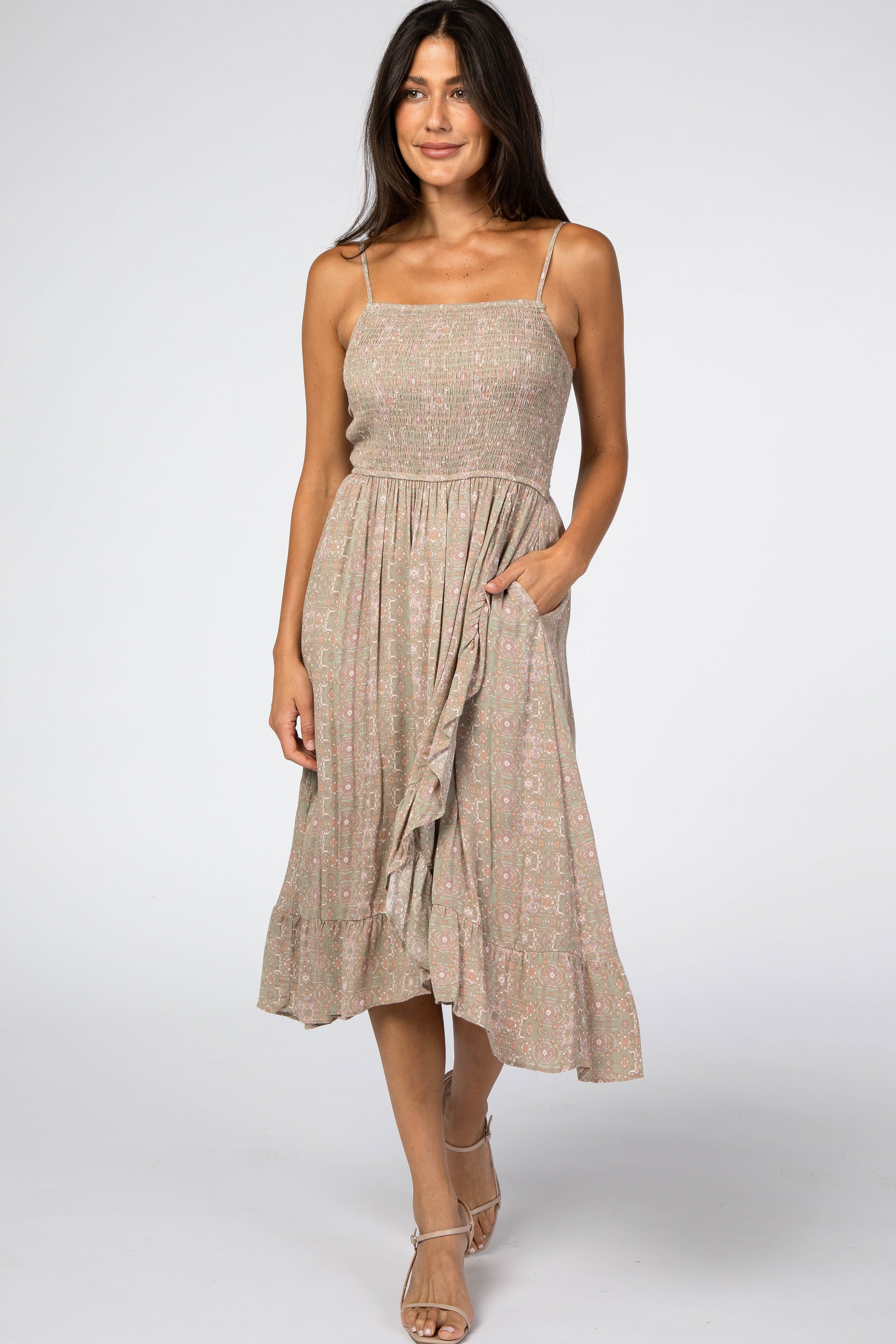 Olive Floral Smocked Ruffle Hem Wrap Midi Dress sold by Pinkblush