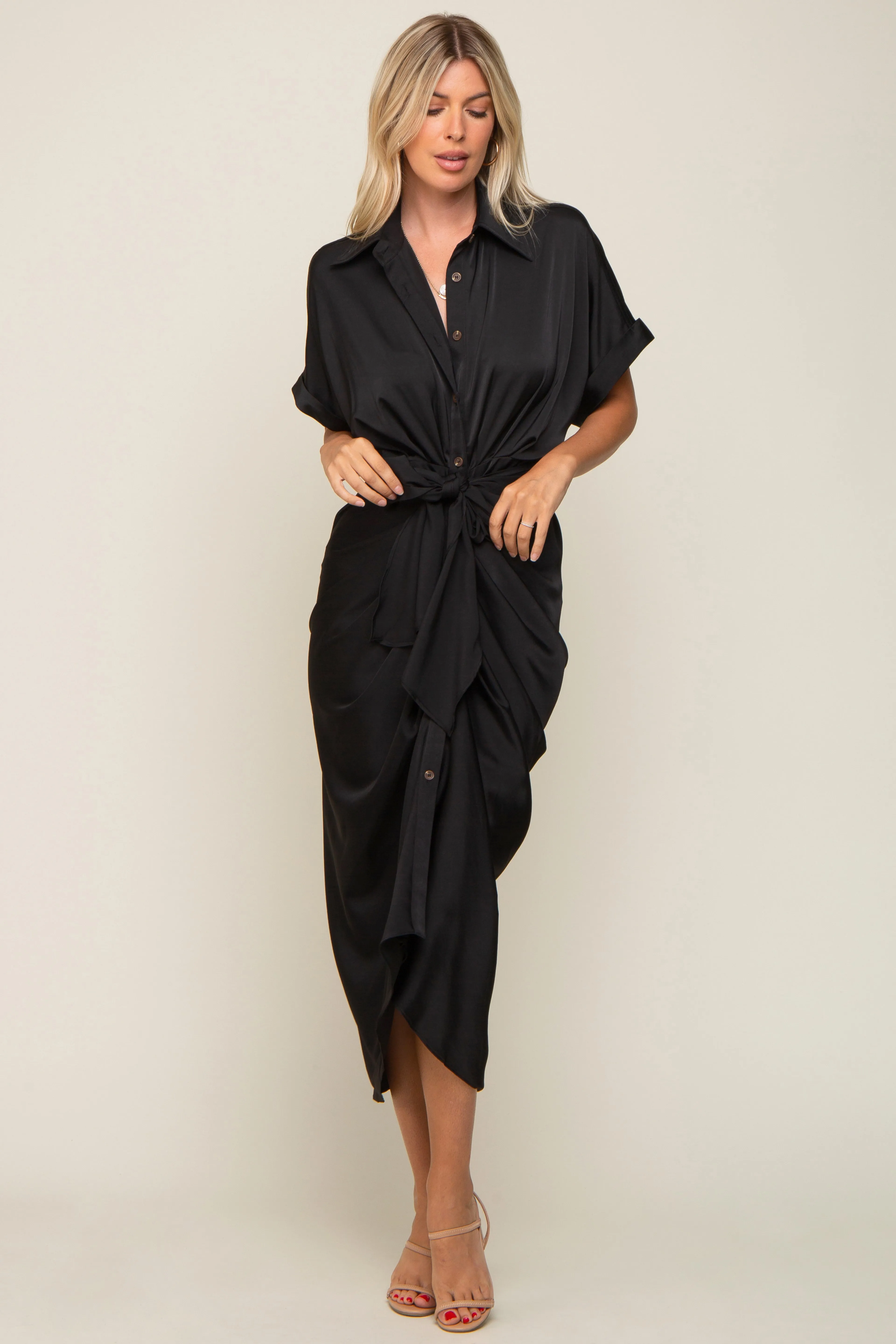 Black Satin Button Down Gathered Midi Dress sold by Pinkblush product image thumbnail 4