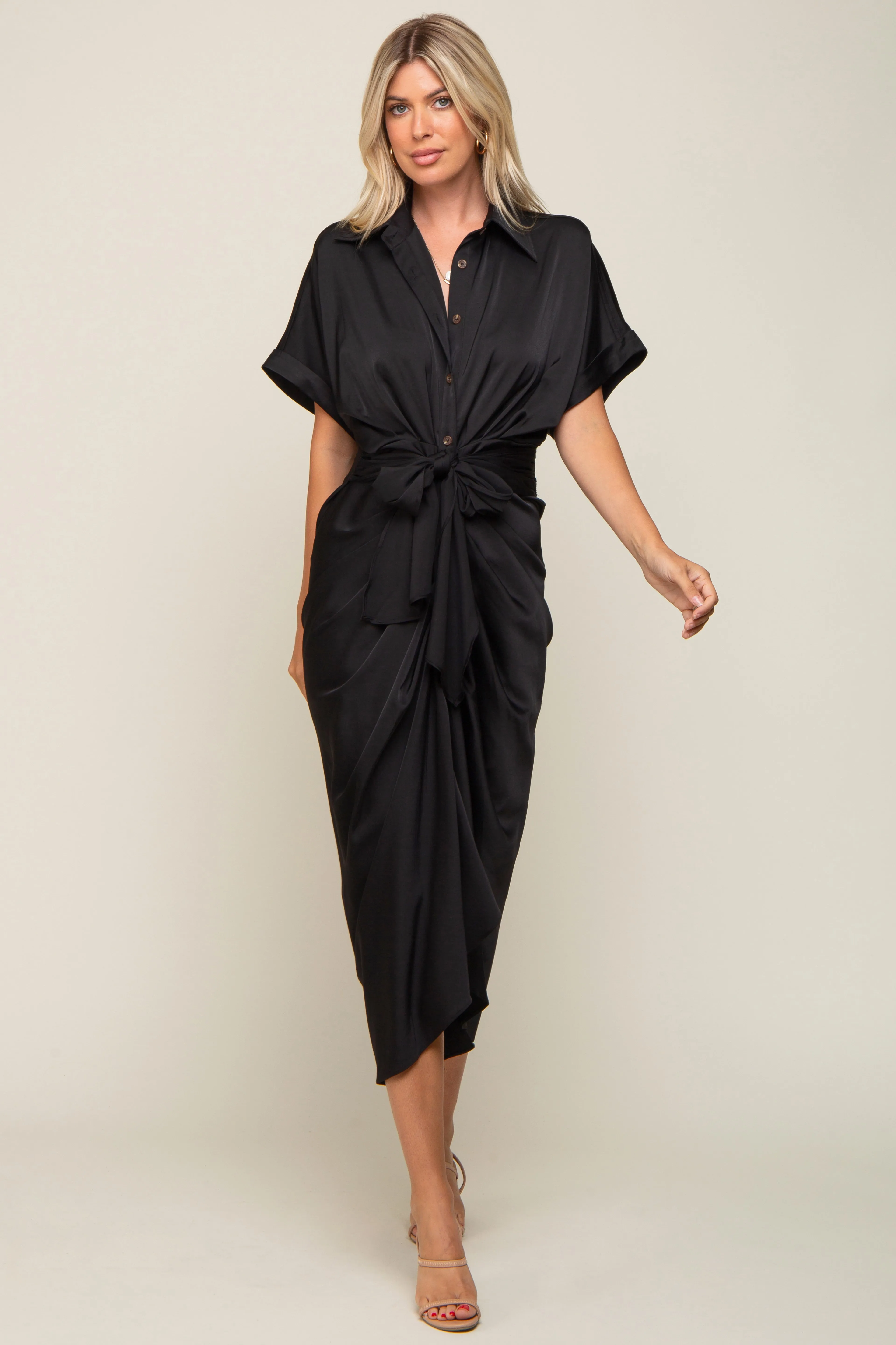 Black Satin Button Down Gathered Midi Dress sold by Pinkblush