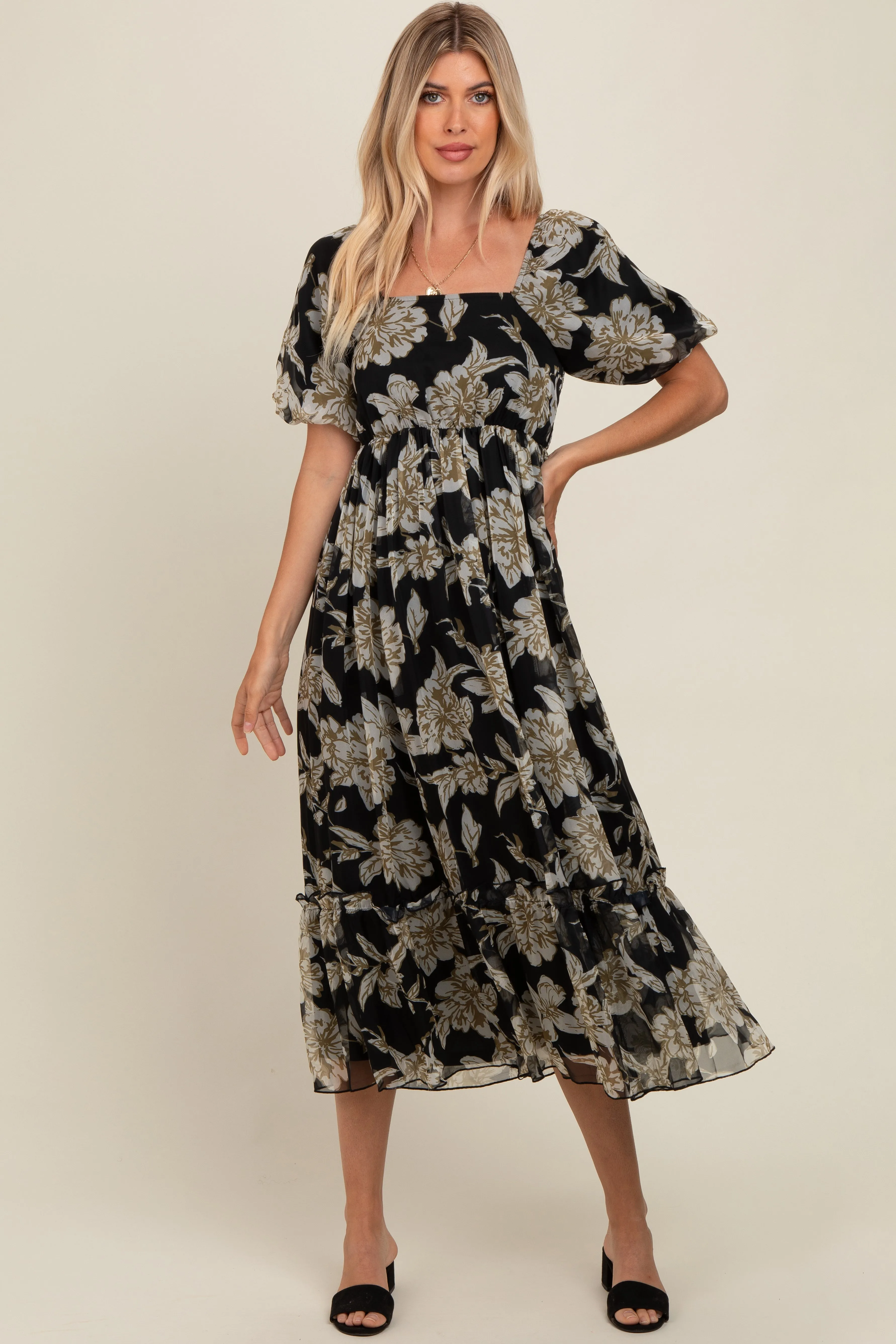 Black Floral Chiffon Ruffle Hem Midi Dress sold by Pinkblush product image thumbnail 2